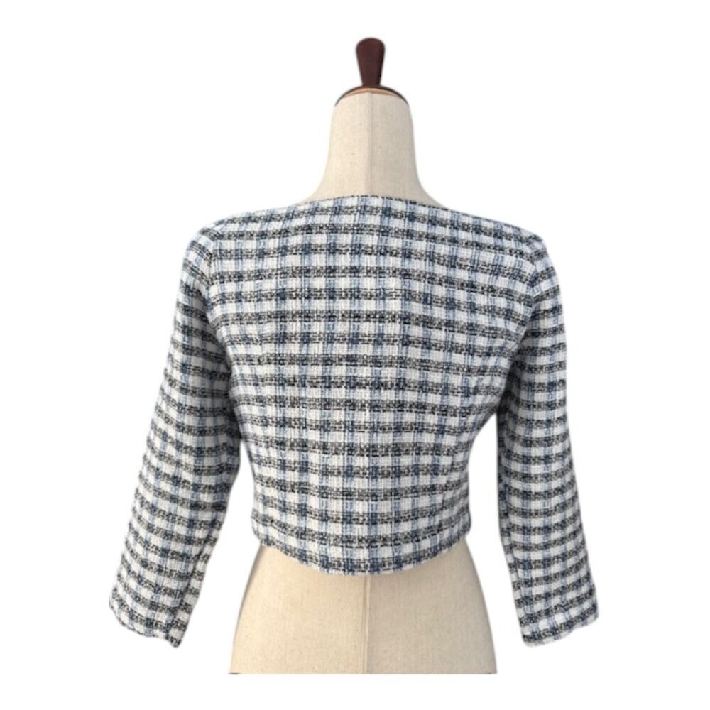 ZARA Women's Textured Off Shoulder Tweed Cropped Plaid Top Blue White Large NWT - Picture 11 of 13